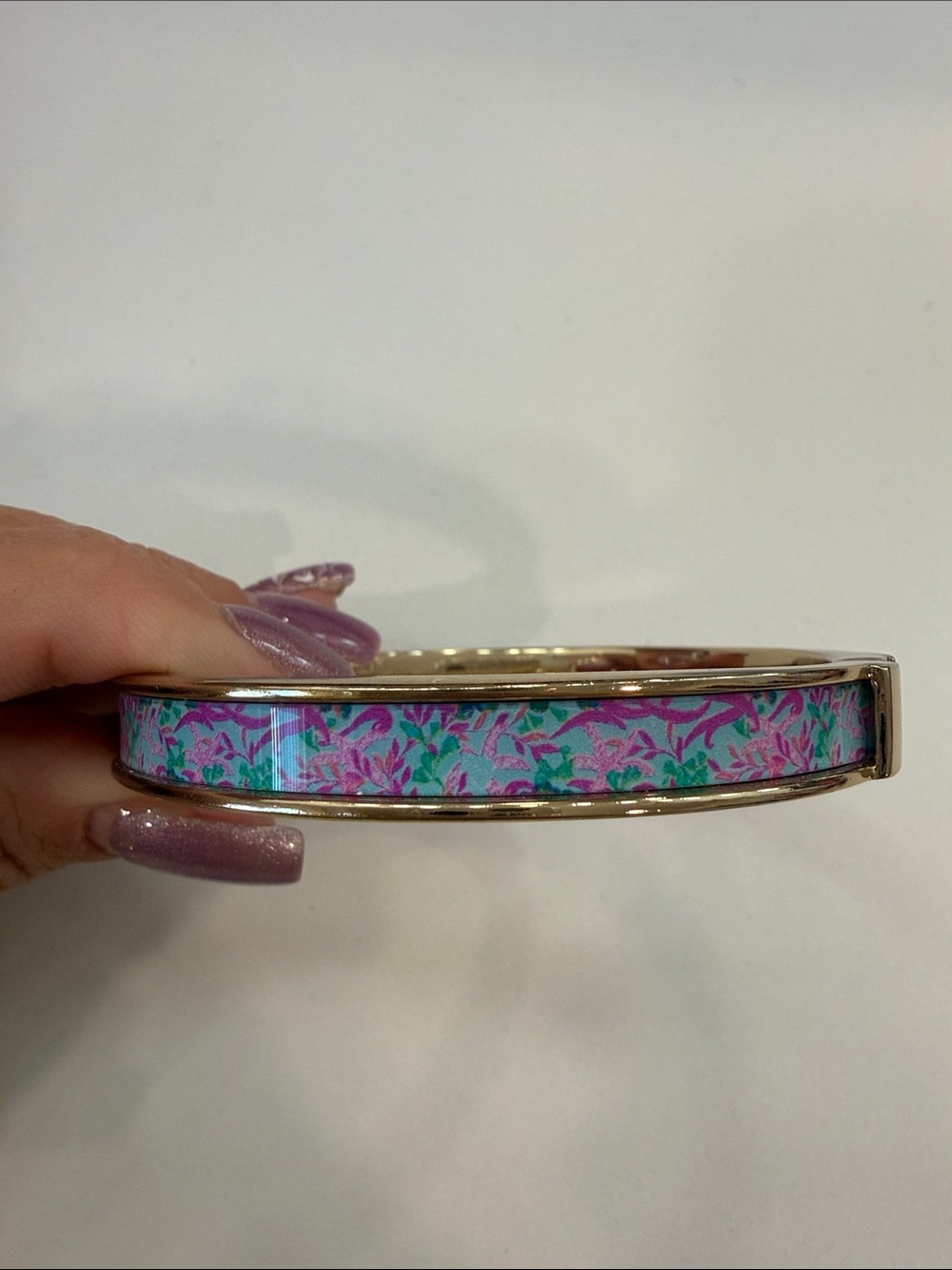 Lilly Pulitzer Gold-Tone Hinged Bangle Bracelet - Pink & Teal Floral